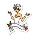 tattoo style sticker of a pinup girl in towel with banner