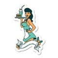 tattoo sticker of a pinup waitress girl with banner Royalty Free Stock Photo