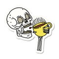 tattoo style sticker of a skull drinking coffee