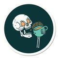 tattoo style sticker of a skull drinking coffee