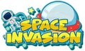 Sticker template for word space invasion with astronaut and UFO
