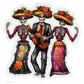 Sticker three playing skeletons one male with a guitar in a suit, two female. For the day of the dead and Halloween, white