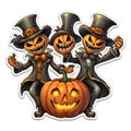 Sticker three scarecrows and jack-o-lantern pumpkin, Halloween image on a white isolated background Royalty Free Stock Photo