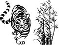 Sticker tiger and bamboo black shapes on a transparent background