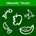 Sticker for Trash Bin, Simple Vector Hand Draw Sketch, organic Trash, Apple, Banana Skin, Fish Bone, Bited Chicken Leg, Watermelon