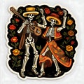 Sticker, two dancing elegantly dressed skeletons, skeletons with guitar decorated with flowers. For the day of the dead and Royalty Free Stock Photo