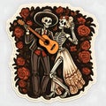 Sticker, two dancing elegantly dressed skeletons, skeletons with guitar decorated with flowers. For the day of the dead and Royalty Free Stock Photo