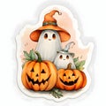 Sticker two ghosts in hats and jack-o-lantern pumpkins, Halloween image on a bright isolated background Royalty Free Stock Photo