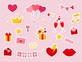 Sticker valentine s day element. Gift, heart, balloon, kiss, key, rose, candy and others for decorative. Vector illustration