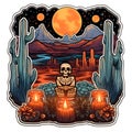 Sticker wild west, cacti, skeleton and candles and jack-o-lantern pumpkins. For the day of the dead and Halloween, white isolated