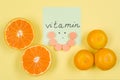 Sticker with the word vitamin C. Background yellow, vitamin C, citrus.