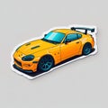 a sticker of a yellow sports car with a surfboard on top of it\'s roof rack