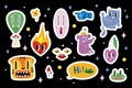 Stickerpack with various funny comic cute characters and doodles such as tiger, cherry, alien, burning heart. Vector Royalty Free Stock Photo