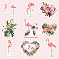 Flamingo, cute animals, tropical flowers. Set of cartoon stickers, patches, badges, pins, prints for kids. Royalty Free Stock Photo