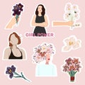 Set of Lovely stickers with spring flowers bouquet and power girls in Flat style. Vintage objects. Editable illustration.