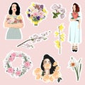 Set of Lovely stickers with spring flowers  girls in Flat style. Vintage garden objects. Editable illustration. Royalty Free Stock Photo