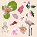 Flamingo, cute animals, tropical flowers. Set of cartoon stickers, patches, badges, pins, prints for kids. Royalty Free Stock Photo