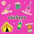 Trekking and hiking y2k style stickers on pink background