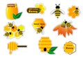 Stickers with honey and bees. Vector illustration.