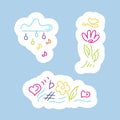 Stickers. Cloud with rain of notes, flower, butterfly, rainbow, musical notation