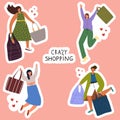 Stickers collection with Stylish happy women enjoy shopping