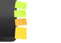 Stickers on computer monitor. Paper sticky notes with curly edges for memo and reminders. PC screen with blank post-it Royalty Free Stock Photo