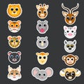 Stickers of cute african animal heads. Cartoon characters. Flat vector stock illustration Royalty Free Stock Photo