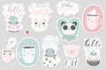 12 stickers with cute animals, cups and plants with hand drawn lettering