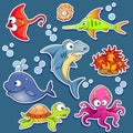 Stickers of cute cartoon sea animals Royalty Free Stock Photo