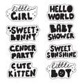 Stickers with cute gender party and baby shower lettering in hand drawn style. Ready to print stickers for baby reveal,