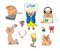 Stickers with a cute ginger cat, various situations, the cat poops, protests, eats, suitable for social networks and messengers