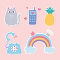 stickers decoration cartoon rainbow and pineapple style