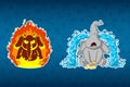 Stickers elephants. Angry, he`s on fire. Sobs, big tears. Big set of stickers. Vector, cartoon