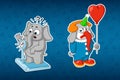 Stickers elephants. Elephant on the scales. Clown with balloon. Big set of stickers. Vector, cartoon.