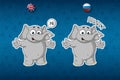 Stickers elephants. Hi, says hello. Big set of stickers in English and Russian languages. Vector, cartoon