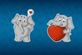 Stickers elephants. He is in love, he has a big heart. Big set of stickers. Vector, cartoon.