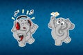 Stickers elephants. Merry, listening to music. He`s going crazy. Big set of stickers. Vector, cartoon