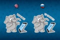 Stickers elephants. Someone called, surprised. Big set of stickers in English and Russian languages. Vector, cartoon