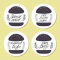 Stickers with freehand drawn burgers and hand lettering in vector. Stylized fast food illustration