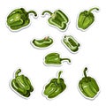 Stickers of green hand drawn sweet peppers. Ink and colored sketch on white background. Royalty Free Stock Photo