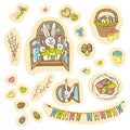 stickers happy easter bunny and windows eggs colored