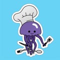 Stickers of Jellyfish Chefs Wear Chef Hats and Carry Knives, Spatulas, Spoons and Forks Cartoon, Cute Funny Character, Flat Design