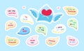 Stickers. Love phrases in talking bubbles on a blue background. Letter with wings and heart. Royalty Free Stock Photo