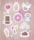 Stickers with pink cute sweets with a white outline and shadows on a striped pink background vector drawing