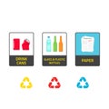 Stickers for recycling trash bins vector illustration isolated on white Royalty Free Stock Photo