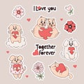 Stickers romantic animals. Cute couple bears, dogs and cats with heart, flowers and love slogan. Vector illustration in