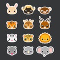 Stickers set of cute african animal heads. Flat vector stock illustration Royalty Free Stock Photo