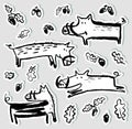 Stickers set with cute boars. Collection with wild pigs and acorns. Vector illustration