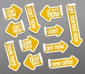 Stickers set in form of arrows - start now, pay here, get started now, etc