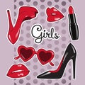 Stickers set for girls over cute purple polka dot background. High heeled shoes, heart shaped glasses, glossy lips, lipstick Royalty Free Stock Photo